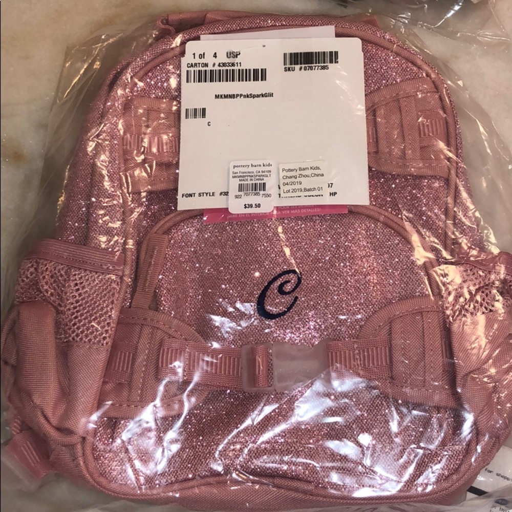 Pottery Barn Kids Mini backpack “C” pink sparkle